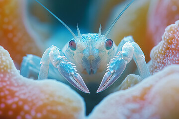Transparent Crustacean Emerging from Coral Structure Underwater Rendered in Generative AI Technology