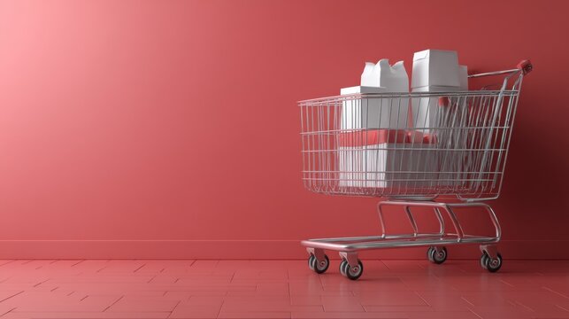 Red shopping cart minimal background modern advertising product photography design concept retail elegant clean aesthetic professional commerce composition simplicity focus
