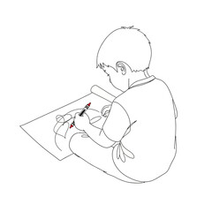 A young boy is sitting on the floor, drawing with a crayon on a large sheet of paper isolated on white background, showcasing creativity and childhood imagination