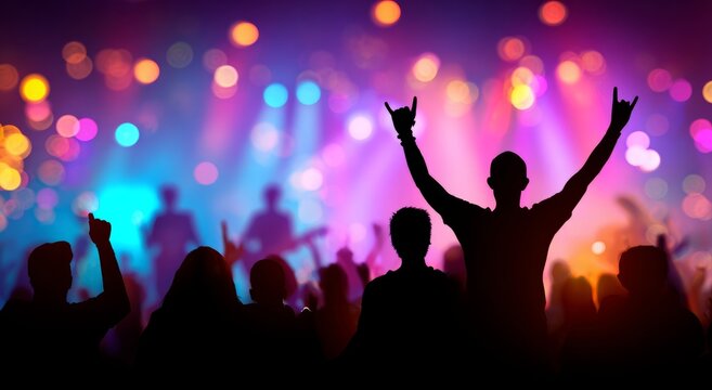 Energetic crowd with hands raised in the air at a vibrant concert venue with dazzling lights and bokeh effects