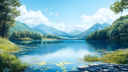 Illustration of a beautiful landscape featuring a lake or river by green woods and mountains under a bright blue sky