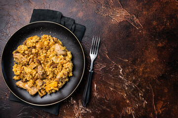 Traditional Central Asian dish Chon Kemin Valley. brown background. top view