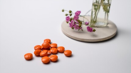 Small orange fruits beside floral vase on white surface