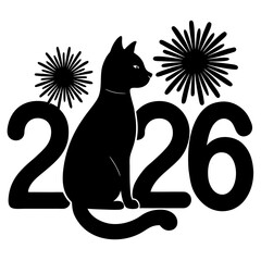 Black cat sitting on year two thousand twenty six on transparent background silhouette