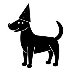 Black dog wearing a party hat illustration on transparent background silhouette