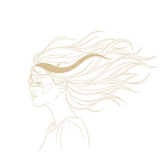 Elegant woman with flowing hair illustration isolated on white background golden lines create a serene and stylish image, perfect for beauty or fashion themes