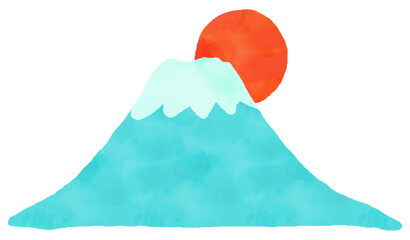 太陽と富士山の水彩風手描きイラスト