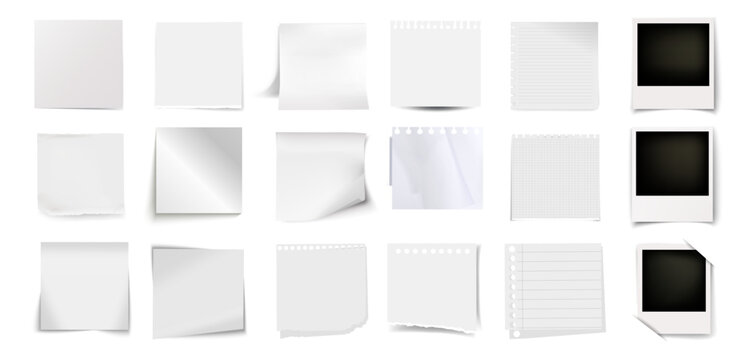 Realistic sticky notes collection. Polaroid frame. Colored paper memo sheets and torn notebook pages with curled corners. Office stationery reminder set on transparent background