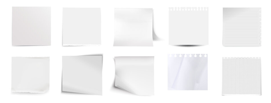Realistic sticky notes collection. Polaroid frame. Colored paper memo sheets and torn notebook pages with curled corners. Office stationery reminder set on transparent background
