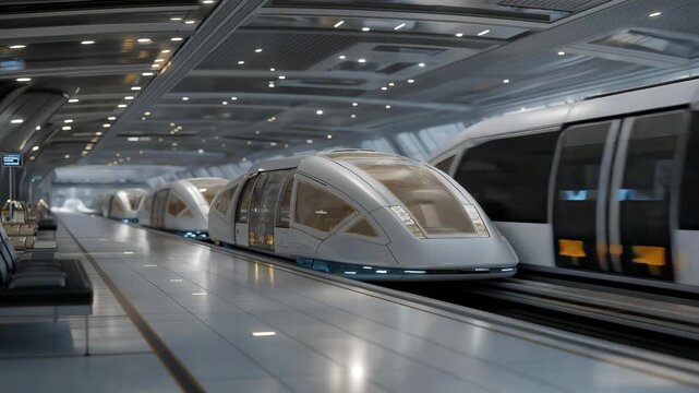 In a futuristic airport terminal, passenger pods travel smoothly on massive conveyor belts, symbolizing sci-fi transport systems, visionary architecture, human mobility, and the evolution of urban