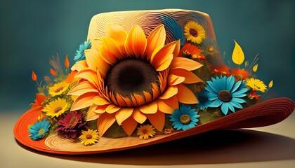 A hat decorated with a large sunflower and small flowers around it on a turquoise background.