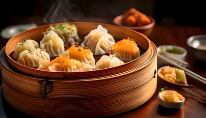 Dimsum filled with chicken in a bamboo steamer with a blurry background