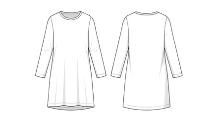 Technical illustration of a basic long-sleeved dress, showcasing front and back views for fashion design purposes, providing clear construction