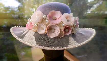 Sun hat with pink flower decoration on it isolated on blurry background