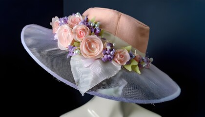 A hat with a pale red top and a transparent purple bottom with floral and ribbon decorations displayed on a mannequin with a dark background