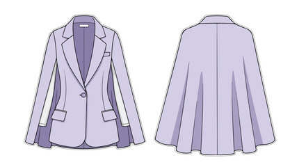 Lavander Cape Blazer: Fashionable garment design concept with front and back views of a stylish cape blazer illustration in lilac shade ready to wear