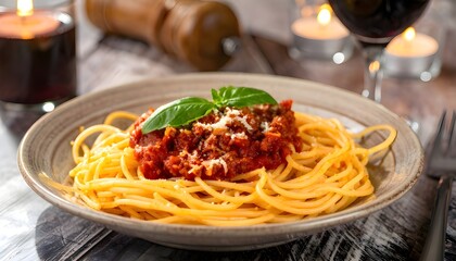 A plate of spaghetti with bolognese sauce and mint leaves garnish