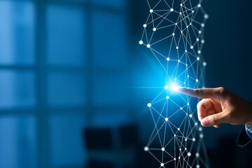 A finger touches a glowing point in a network of interconnected lines and dots, symbolizing connection, technology, and innovation in a digital world with a blurred blue background