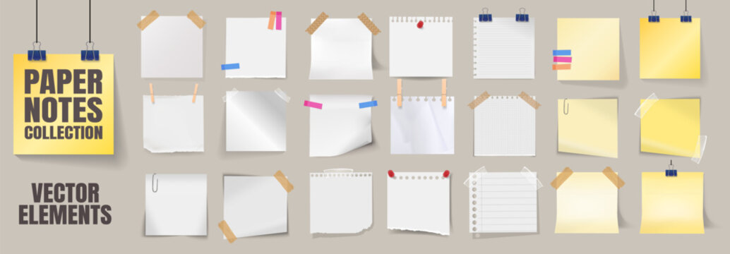Realistic sticky notes collection. Polaroid frame. Colored paper memo sheets and torn notebook pages with clips, pins and curled corners. Office stationery reminder set on transparent background