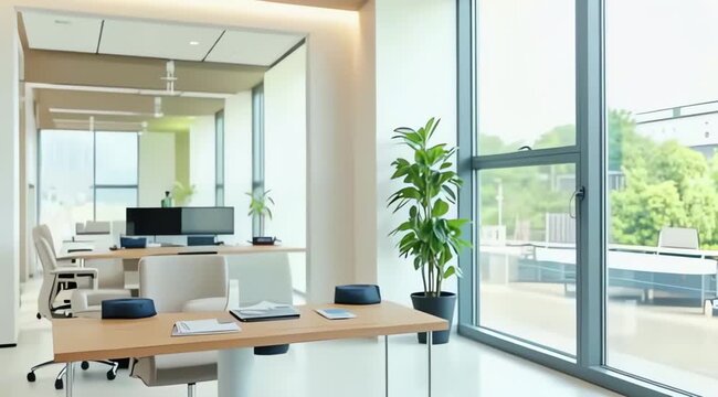 A bright, modern office overlooks a cityscape as a workstation with laptops and plants creates a calm, productive environment, 4k video