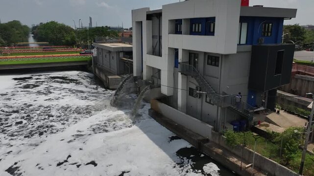 Aerial view of treatment facilities. Pumping stations and stream cleaning. Industrial and municipal water treatment for large cities. For circular sedimentation tanks. And flood control.