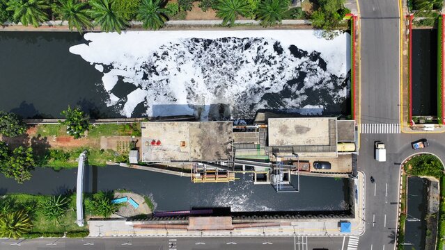 Aerial view of treatment facilities. Pumping stations and stream cleaning. Industrial and municipal water treatment for large cities. For circular sedimentation tanks. And flood control.
