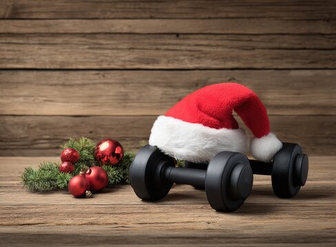 Dumbbell with Santa hat placed on wooden surface next to Christmas decorations and green pine branches during holiday season