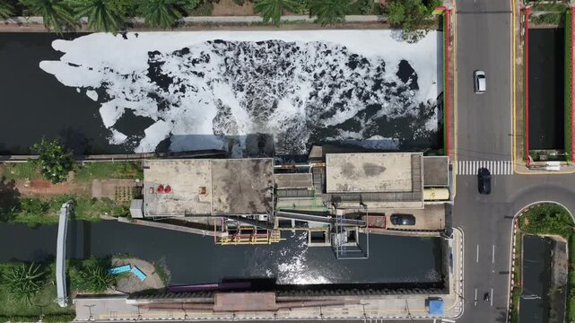 Aerial view of treatment facilities. Pumping stations and stream cleaning. Industrial and municipal water treatment for large cities. For circular sedimentation tanks. And flood control.