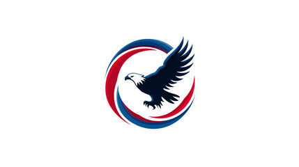Soaring eagle within red/blue swoosh circle on white background