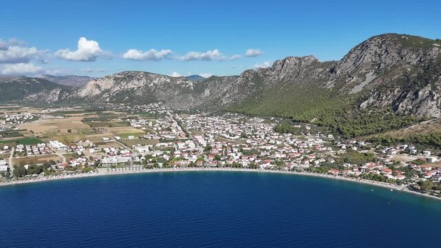 Aerial View of Oren Coastline and Marina in Milas, Turkey