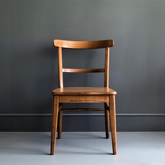 A simple wooden chair stands tall against a dark gray wall. Its minimalist design, with straight lines and a smooth surface, showcases the beauty of the wood's natural grain.