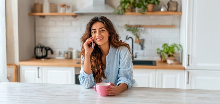The woman at the kitchen counter smiling while talking on a smartphone and holding coffee