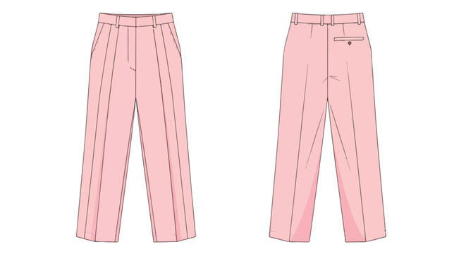 Technical fashion drawing showcasing tailored pink trousers design with front and back views rendered for design visualization