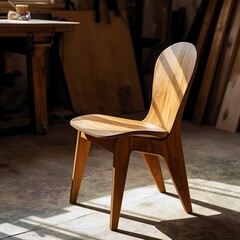 A modern wooden chair stands in a sunlit workspace. Its smooth, polished surface showcases the beautiful natural pattern of the wood grain