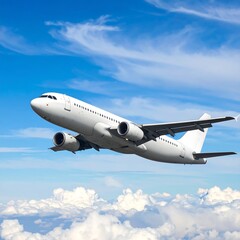 Obraz premium White passenger jet ascending in a bright blue sky with fluffy clouds