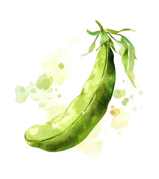Watercolor illustration of a cute and delicate glowing green peapod, clipart on a white background, with pastel colors, in a cute style