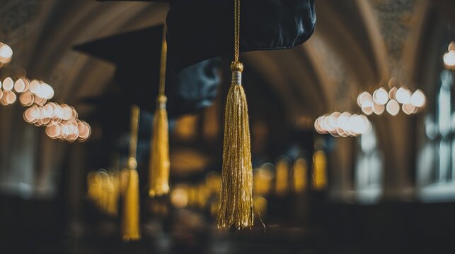 alumni. Academic caps suspended in air with golden tassels, evoking graduation pride and achievement. event programs, museum guides, designed for cultural heritage projects and event programs.