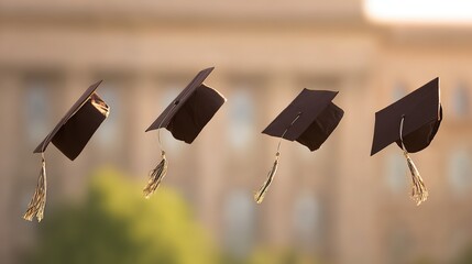 alumni. Academic caps suspended in air with golden tassels, evoking graduation pride and achievement. event programs, museum guides, designed for cultural heritage projects and event programs.