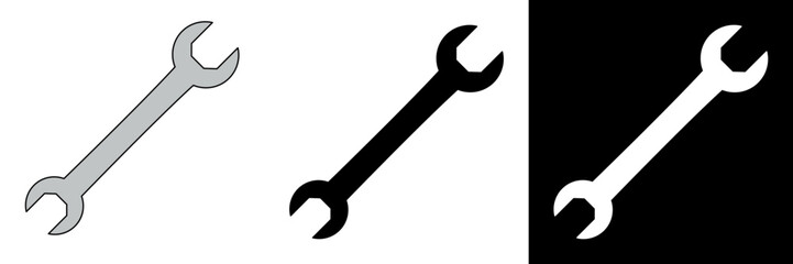 Clean and simple double-ended wrench icon in flat and silhouette styles. Perfect for industrial, automotive, mechanic, and construction design projects.