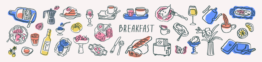 Breakfast food drawings, doodle Dolce Vita style set. Drawn colored sketches, snacks, drinks, coffee and tea, pancakes, egg, baguette, utensils. Flat vector illustrations isolated on white background