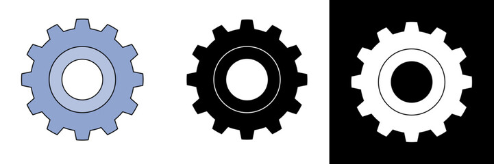 Modern set of gear icons outline, solid black, blue. For UI/UX, web, app design. Symbolizes settings, engineering, technology, configuration, processes. Clean, versatile graphic elements