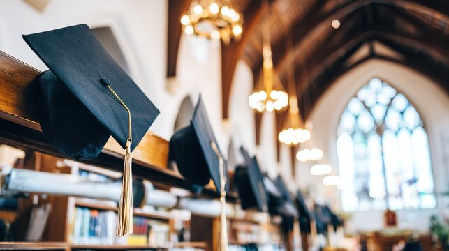 alumni. Academic caps suspended in air with golden tassels, evoking graduation pride and achievement. event programs, museum guides, designed for cultural heritage projects and event programs.
