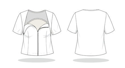 Naklejka premium Fashionable technical sketch of a woman's top featuring a unique zipper closure and modern design elements for apparel mockups