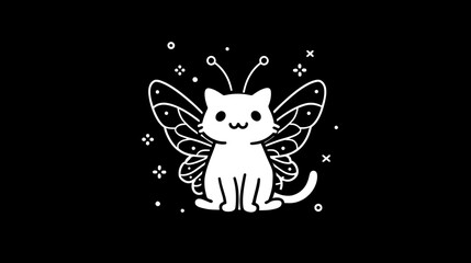 White outline drawing of a cat with butterfly wings on a black background © Mangku
