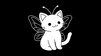 Outline of a cartoon cat with butterfly wings on a black background