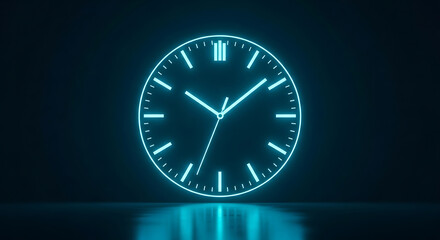 Glowing neon clock showing time, representing concepts of deadline, time management, and punctuality.