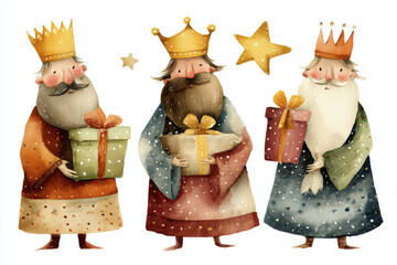 Three wise men bringing gifts, watercolor illustration