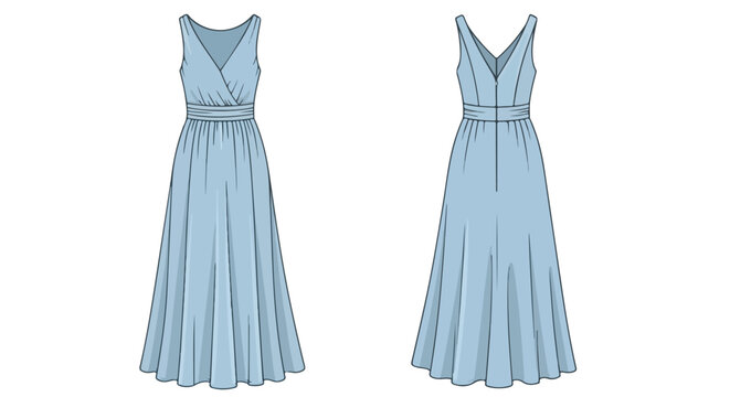 Technical illustration of a floor-length dress with a surplice bodice and empire waistline in light blue featuring front and back views for fashion