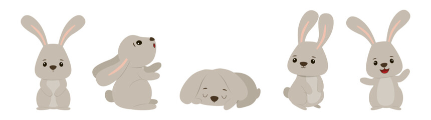 Vector illustration of adorable bunnies showing different expressions and actions. Features playful, relaxed, and cheerful emotions. Perfect for children s themes and design projects.