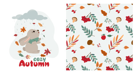 Vector illustration of a cute bunny with a scarf sitting in the rain surrounded by autumn leaves. Accompanied by a seamless pattern with fall foliage, berries, and mushrooms.